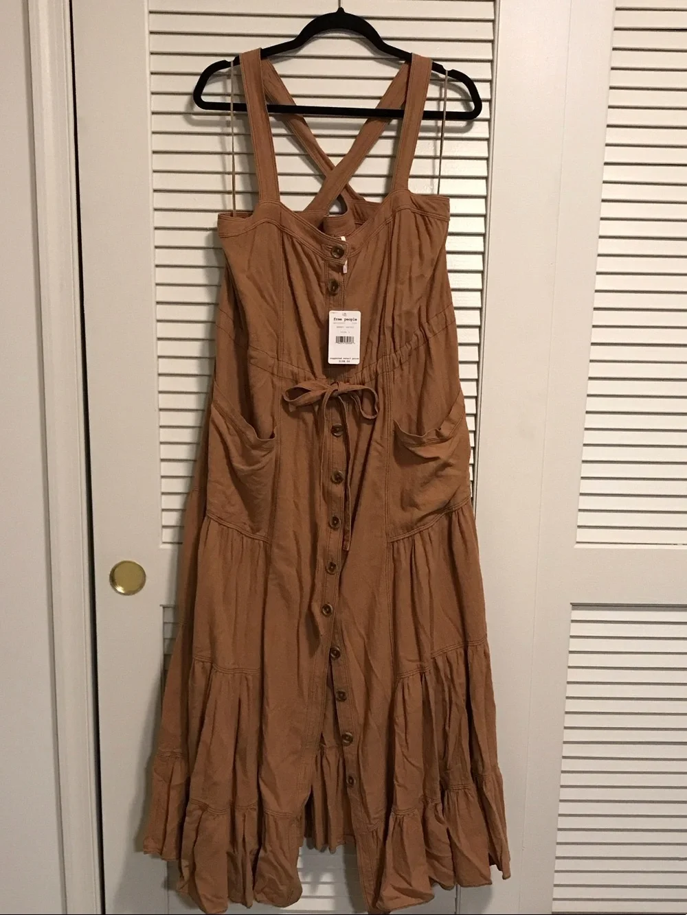 NWT Free People Caramel Button-Front Maxi Jumper Dress w Pockets -Lg